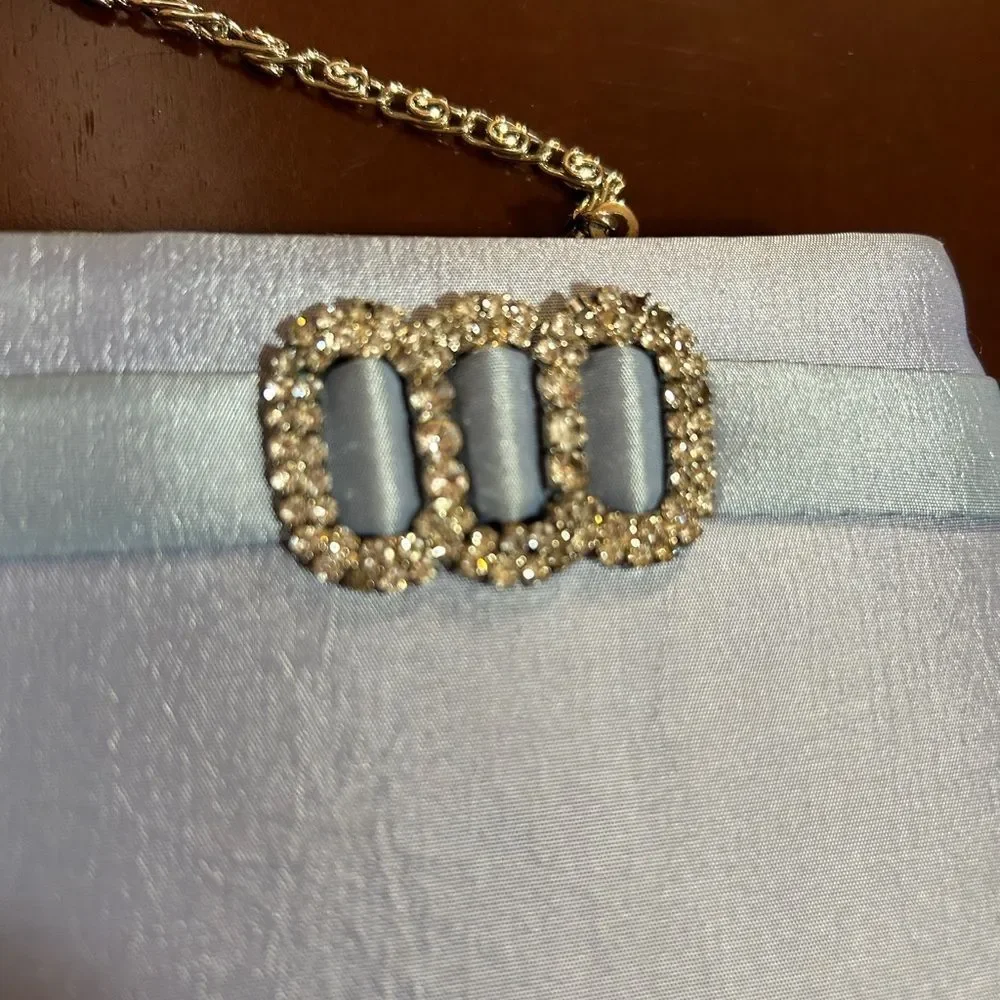 Menbur Powder Blue Evening Clutch Purse Detachable Gold Chain Strap Wedding Prom